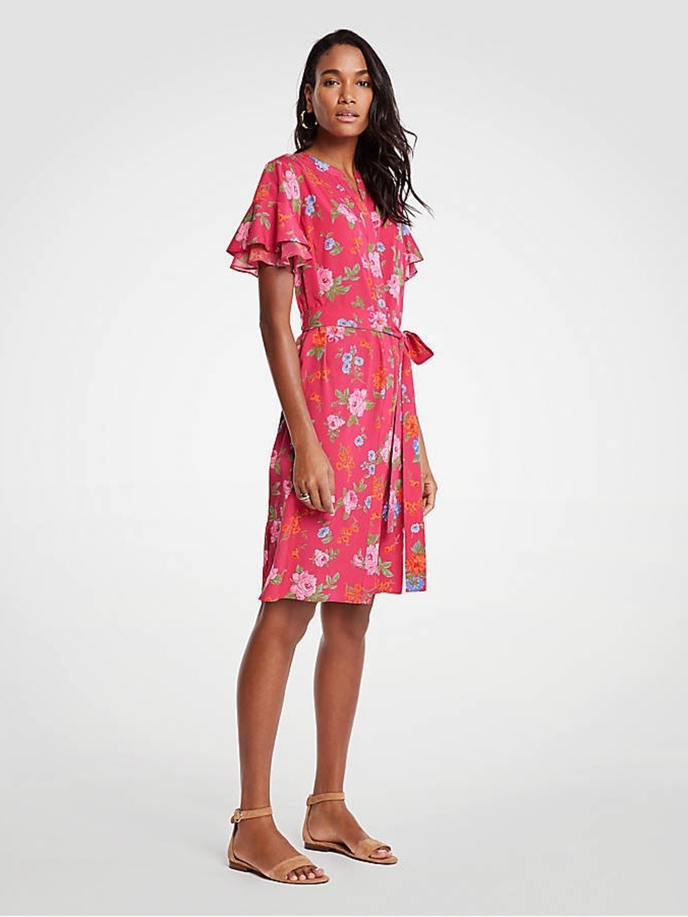 Ann Taylor Baja Rose Island Floral Flutter Sleeve Shirtdress Size Large